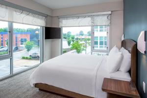 汉普顿Element Hampton Peninsula Town Center的一间卧室设有一张大床和大窗户