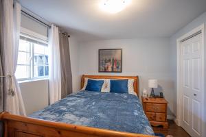 圣约翰斯Two Bedroom Apartment Near St John's Airport的一间卧室配有一张带蓝色床单的床和一扇窗户。