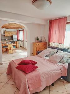 马莱斯科Casa Pepolina, zona tranquilla, piano terra con parcheggio的一间卧室配有一张带红色枕头的大床