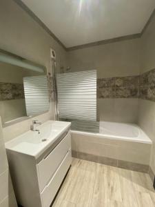 乌日霍罗德Панорамні апартаменти的带浴缸、水槽和浴缸的浴室