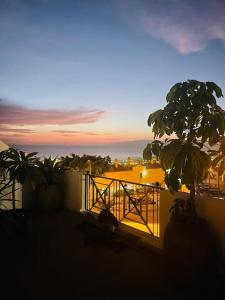 阿德耶Costa Adeje Villa Private pool Panoramic Views的棕榈树阳台享有日落美景。