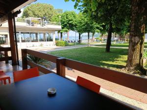 加达湖畔帕登赫Villaggio Turistico dei Tigli的蓝色的桌椅,享有公园的景色