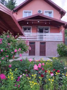 伊利扎Villa Bella的前面有鲜花的粉红色房子