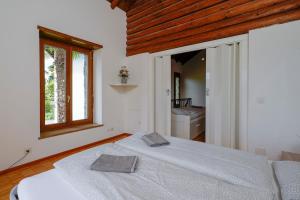 洛迦诺Palm Cottage的一间卧室设有一张床、一个窗口和一间浴室