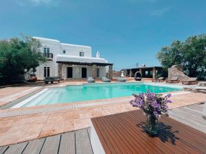 米克诺斯城Dreamy Boho 5bed Villa with Pool and Ocean View的木甲板上花瓶的游泳池