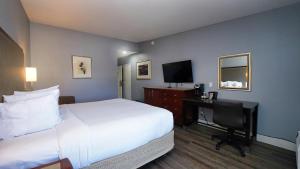 圣克鲁兹SeaSide Inn & Suites的酒店客房配有一张床和一张书桌及一台电视