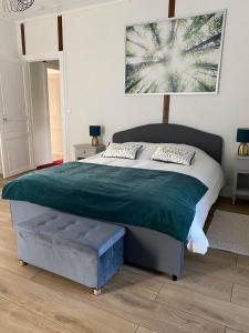 Celles-sur-DurolleDomaine de Marchal - chambres et table d'hôtes的一间卧室配有一张带绿毯的大床