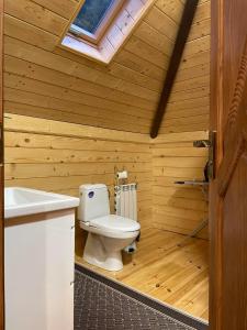 KrasnyySweet Home的木制浴室设有卫生间和水槽