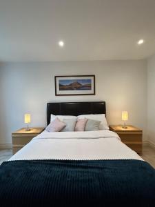 伦敦New Beautiful Lux Apartment的一间卧室配有一张大床和两盏灯