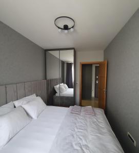 诺维萨德Sajam 1的卧室配有一张白色大床和镜子