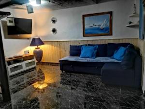 莫甘Sunset Abel Anfi Arguineguin的客厅配有蓝色的沙发和电视