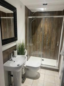 什鲁斯伯里Boutique Shrewsbury Suites的浴室配有卫生间、盥洗盆和淋浴。