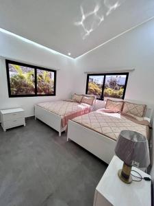 璜多里奥Beautiful Home and Pool near beach , BBQ Juan Dolio metro country Club的一间卧室设有两张床和两个窗户。