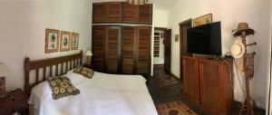 彼得罗波利斯Casa com cachoeira e rio particular的一间卧室配有一张床和一台平面电视