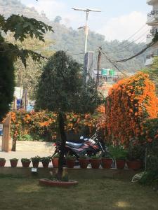 博卡拉北法切酒店的停在鲜花花园前的摩托车