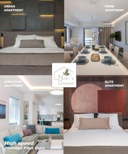 干尼亚Nikis Dream Luxury Apartments的卧室和客厅的照片拼合在一起