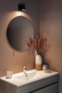 莱代塞尔le chalet de Plainpalais的浴室水槽设有镜子和花瓶