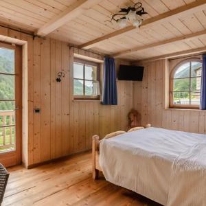 拉比Hotel Chalet val di Rabbi的卧室配有一张床铺,位于带木墙的房间内