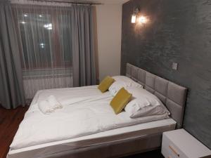 泰里克兹Iwonka Tylicz Pokoje i Apartamenty的一张配有白色床单和黄色枕头的大床