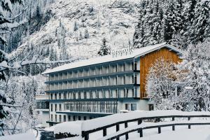 巴德加斯坦The Comodo Bad Gastein, a Member of Design Hotels的雪中,有雪覆盖的树木的酒店