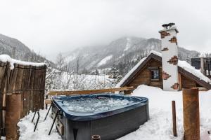 RamsauNaturerlebnis Suite - Nationalpark的小屋旁的雪地里设有热水浴池