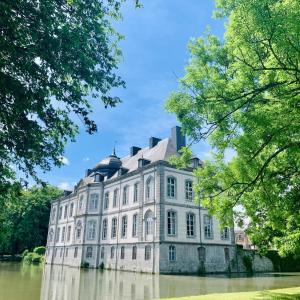 Vierset-Barse维尔赛特城堡酒店的河中一座大建筑