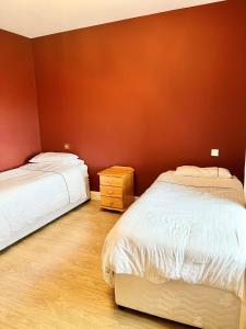 巴利卡斯尔Bridie's Place的一间卧室设有两张床,铺有木地板