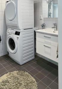 马尔默Hyllie Appartement - New Construction的一间带盥洗盆的浴室内的洗衣机
