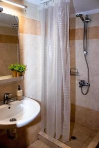 尼坡帝Starry Coast Apartments的浴室配有淋浴帘和盥洗盆。