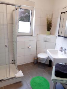 泰尔格特FeWo Greiwe的浴室配有卫生间、盥洗盆和淋浴。