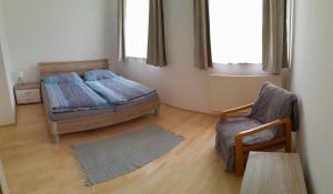 玛利亚采尔Ferienwohnung Schuhhaus Ganster的一间卧室配有一张床和一把椅子