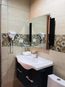 邦劳和谐酒店的一间带水槽、镜子和卫生间的浴室