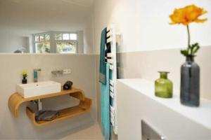 BissendorfArtRoom Boarding Apartment的一个带水槽和架子花瓶的浴室