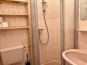 万根沃格Anton-Gunther-Str 16的带淋浴、卫生间和盥洗盆的浴室