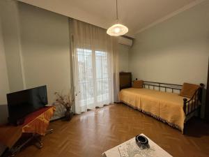 卡瓦拉Sofi’s Apartment的一间卧室设有一张床、一台电视和一个窗口。
