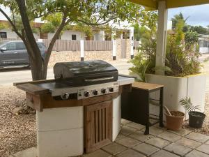 克拉伦代克Diver's Paradise Bonaire的露台上的烧烤架,配有桌子