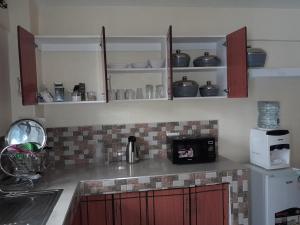 纳纽基Milimani Nanyuki的厨房配有红色橱柜和带微波炉的台面