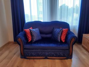 陶格夫匹尔斯Apartment Central Park的客厅里配有带枕头的蓝色沙发