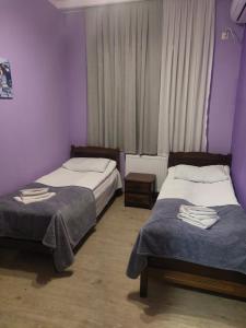 第比利斯Sweet home的紫色墙壁客房的两张床