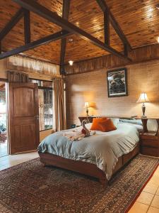 Birrí芬卡圣何塞机场芬卡帕拉伊索住宿加早餐旅馆的一间卧室设有一张带木制天花板的大床