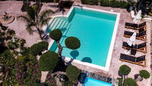 Káto YerakaríonArt House Villa的享有带椅子和树木的游泳池的顶部景致
