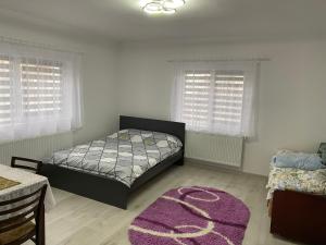 科伦德Anikó kulcsosház的一间卧室配有一张床和紫色地毯