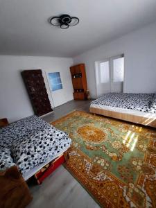 科伦德Anikó kulcsosház的一间设有两张床的房间和一个地毯