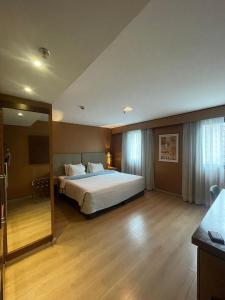 圣保罗Flat 246 king em hotel na avenida Ibirapuera - SP的一间大卧室,配有一张床和一面大镜子