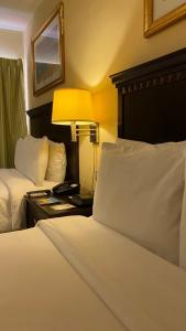 Punto FijoHotel Las Palmas Inn的酒店客房设有两张床和一张桌子上的台灯。