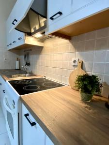 达西亚卡洛迪斯公寓的厨房配有白色橱柜和炉灶烤箱。