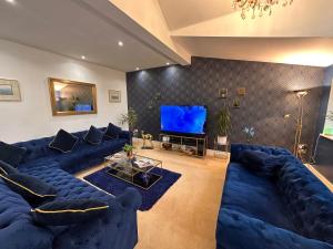 阿斯克PENDERI HOUSE USK SOUTH WALES的客厅配有蓝色的沙发和平面电视。