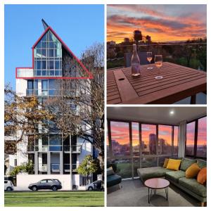 基督城Latimer Loft - Christchurch Holiday Homes的两幅房子的照片,享有日落美景