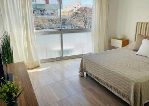 维森特洛佩斯Lovely one bedroom apartment in Vicente Lopez的一间卧室设有一张床和一个大窗户