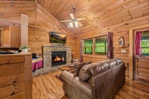 鸽子谷Cozy cabin with a mountain view的带沙发和壁炉的客厅